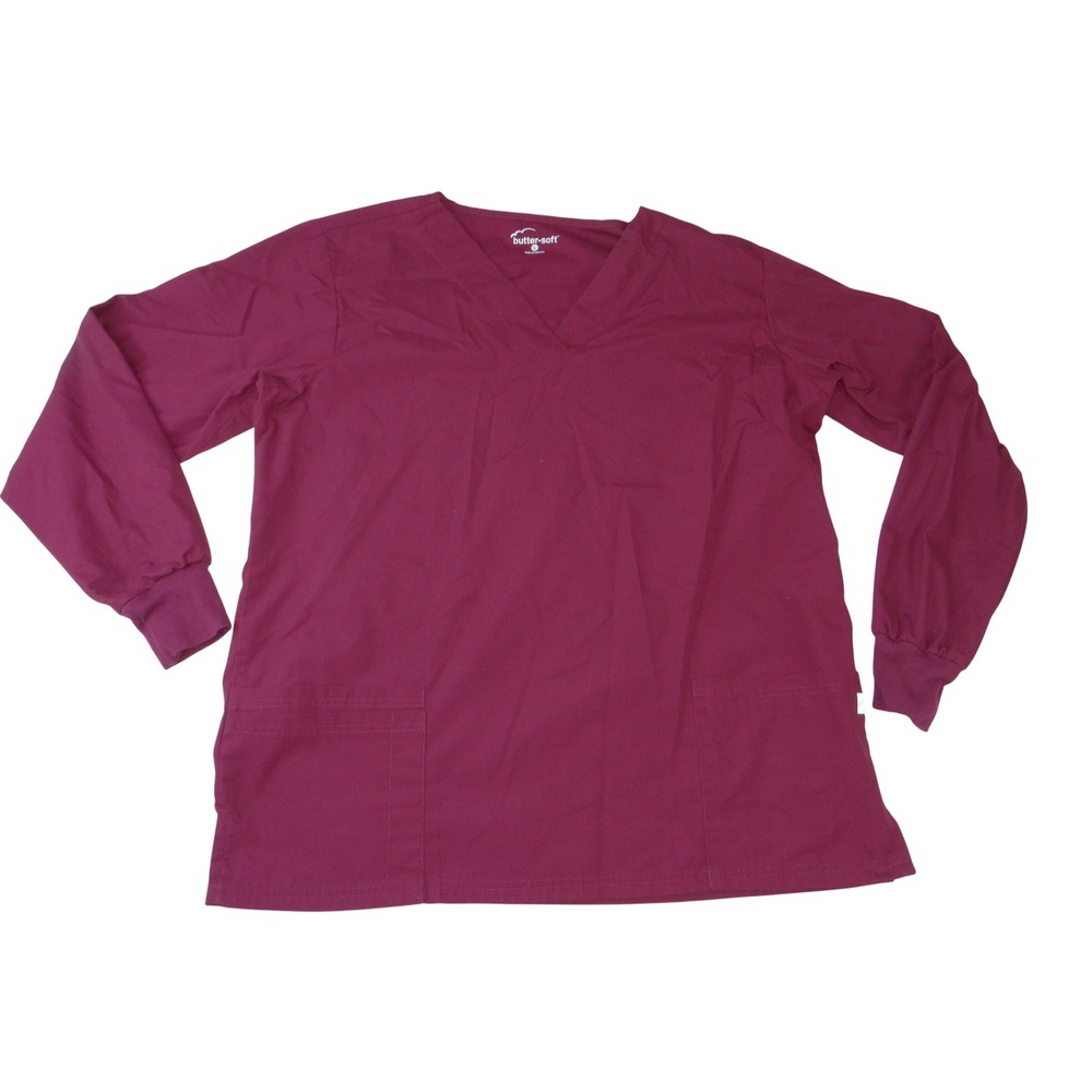 Butter-Soft Long Sleeve Scrub Top Burgundy V-Neck Medical Uniform Large 3837